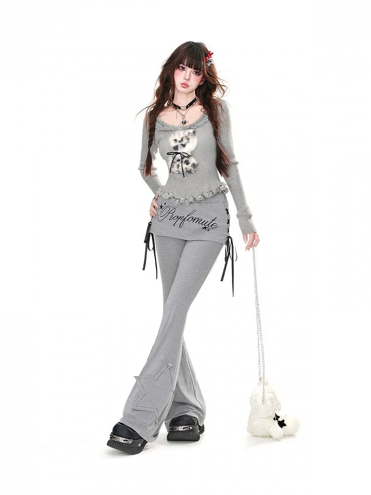 Grey Star Applique Glamorous Flared Pants with Lace-up Detail at Side