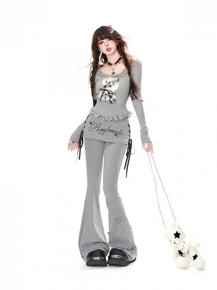 Grey Star Applique Glamorous Flared Pants with Lace-up Detail at Side