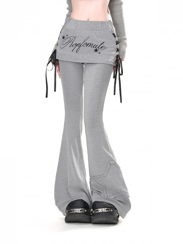 Grey Star Applique Glamorous Flared Pants with Lace-up Detail at Side