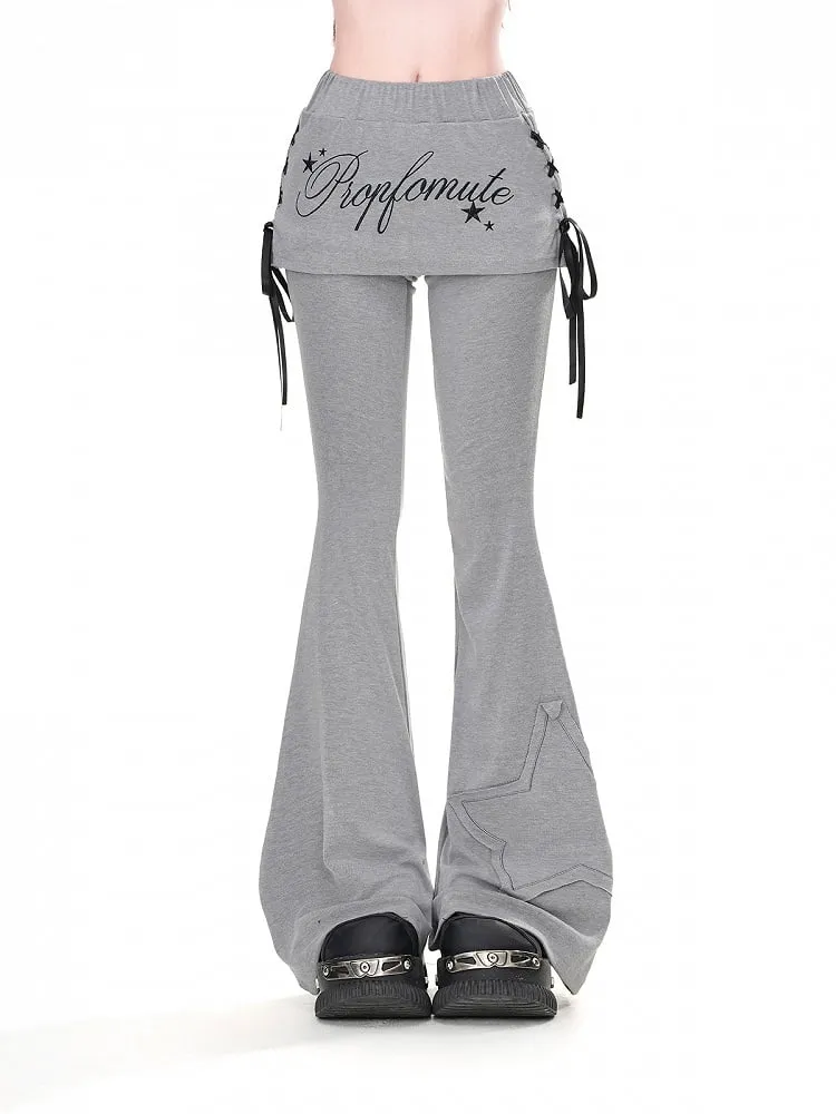 Grey Star Applique Glamorous Flared Pants with Lace-up Detail at Side