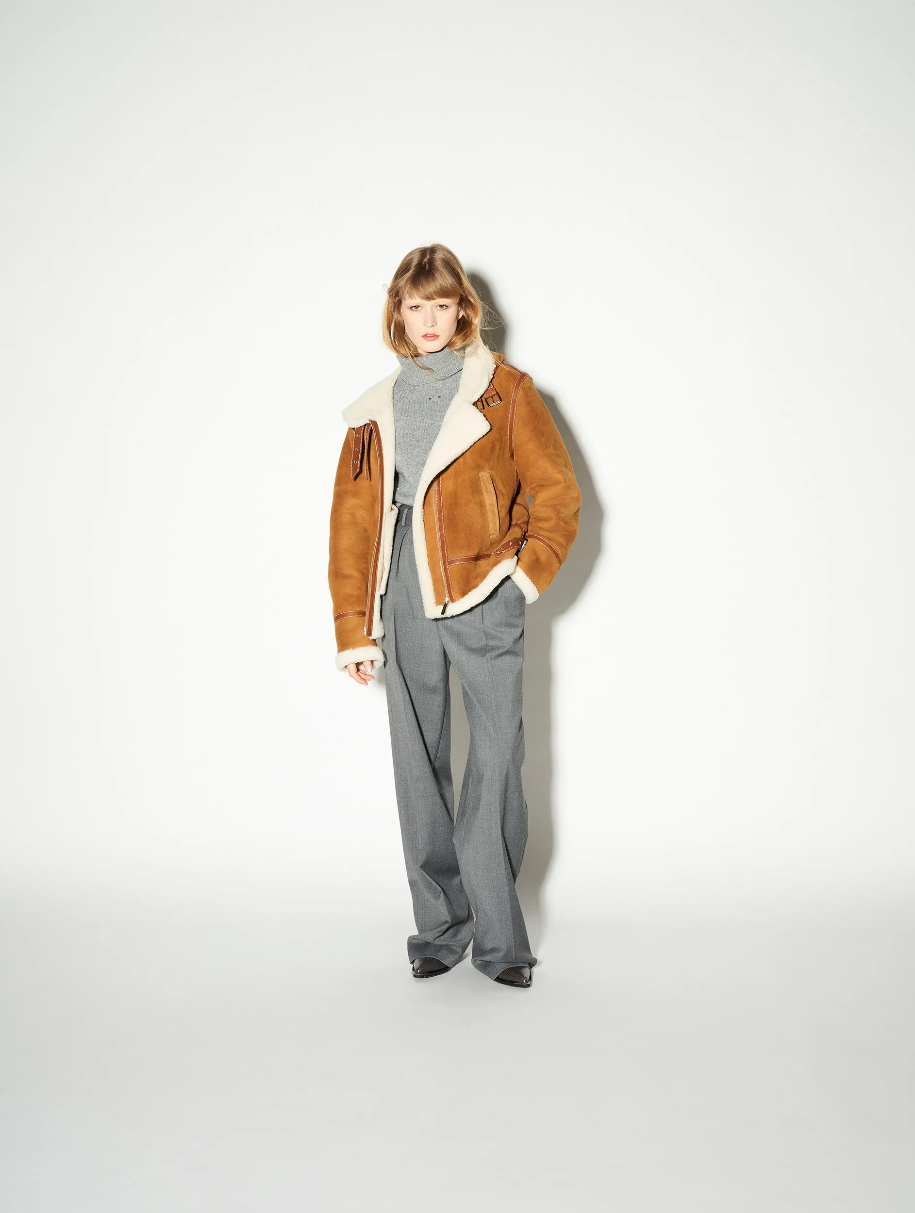 Hooded camel shearling bomber jacket