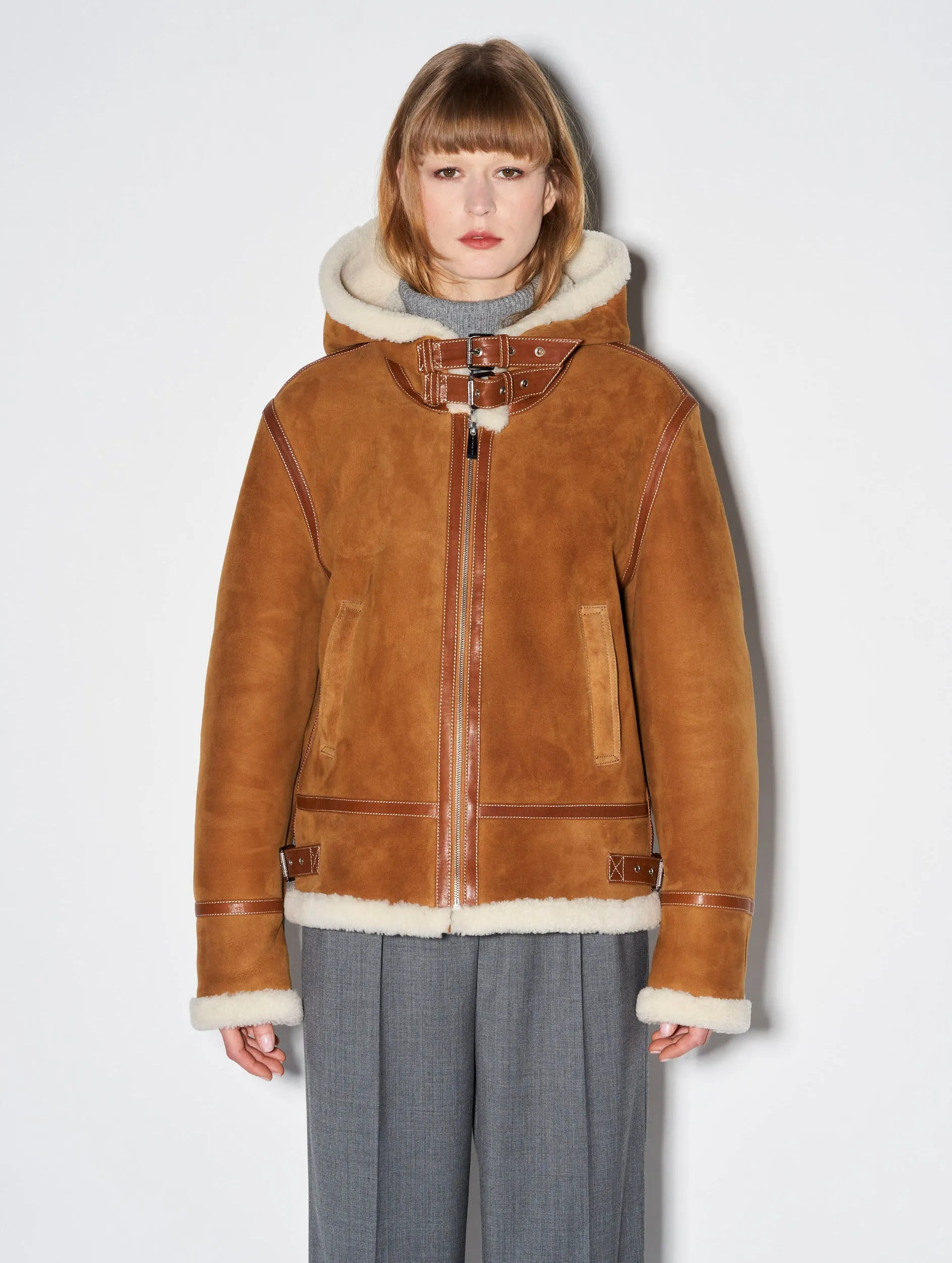 Hooded camel shearling bomber jacket