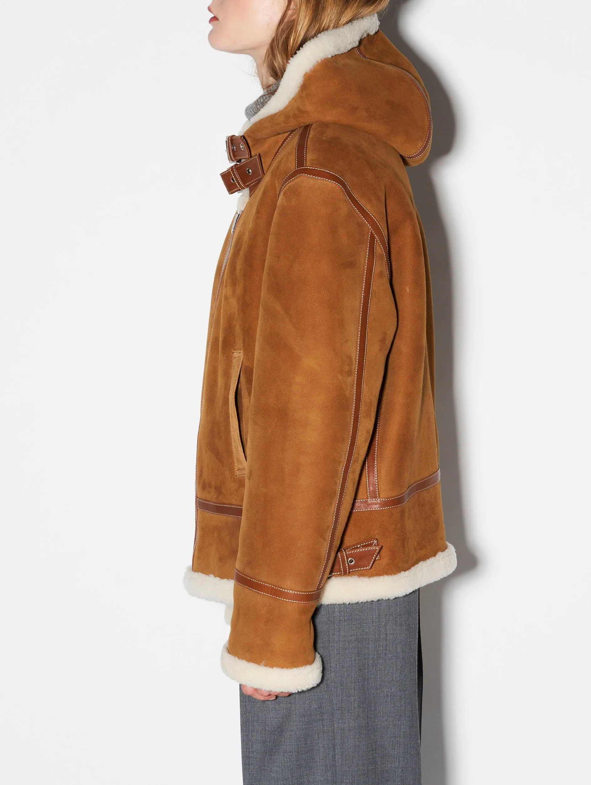 Hooded camel shearling bomber jacket