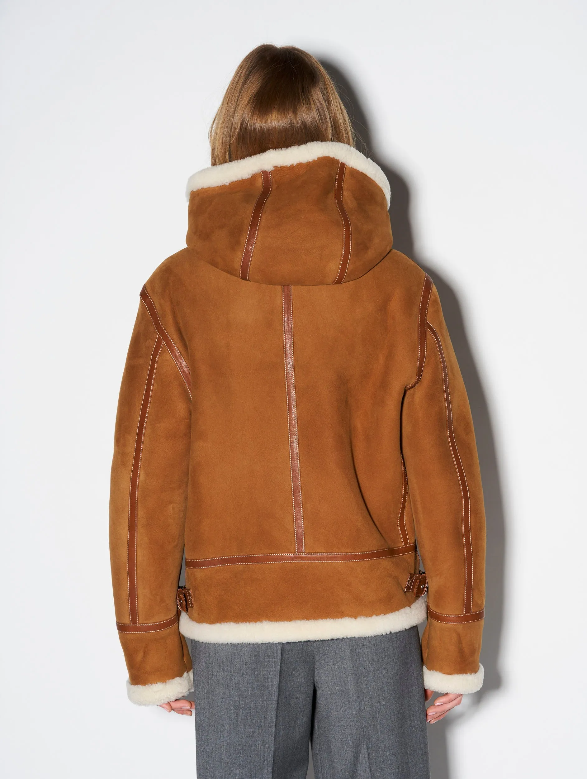 Hooded camel shearling bomber jacket