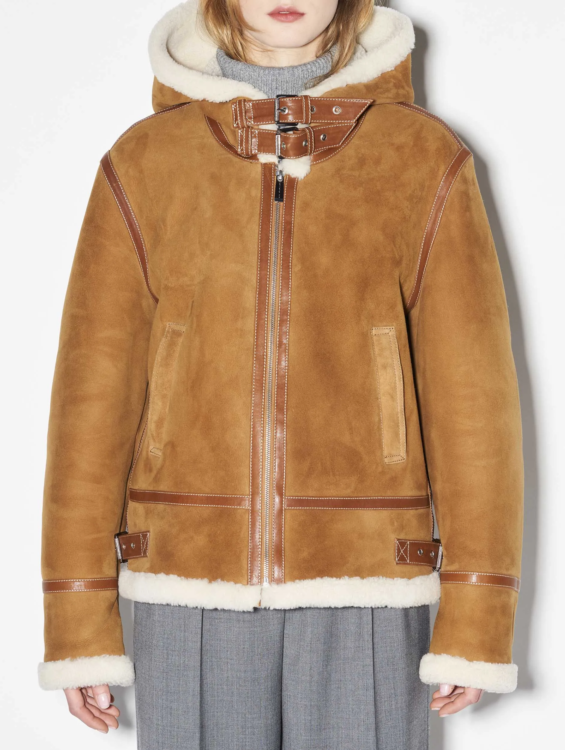 Hooded camel shearling bomber jacket