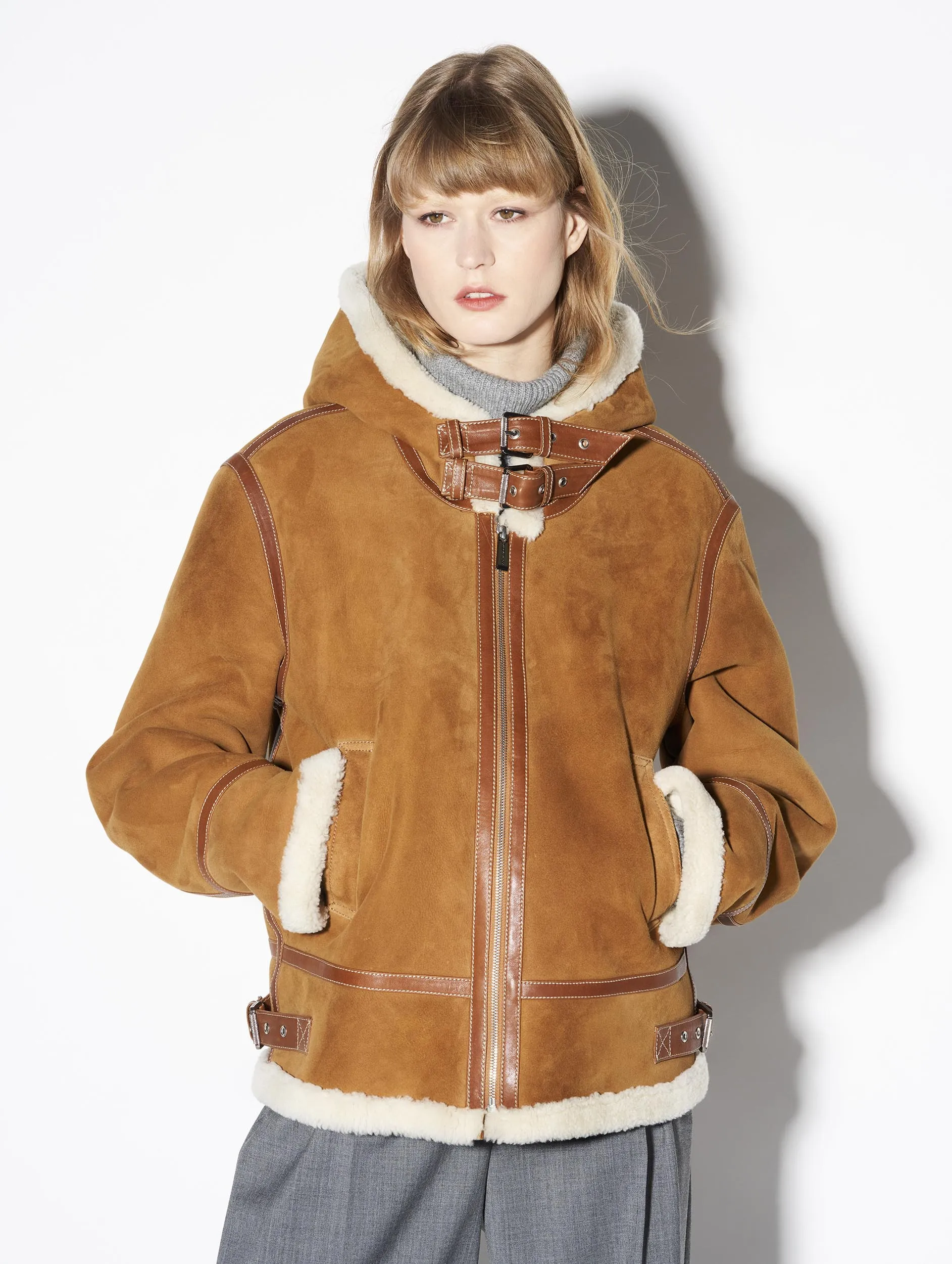 Hooded camel shearling bomber jacket