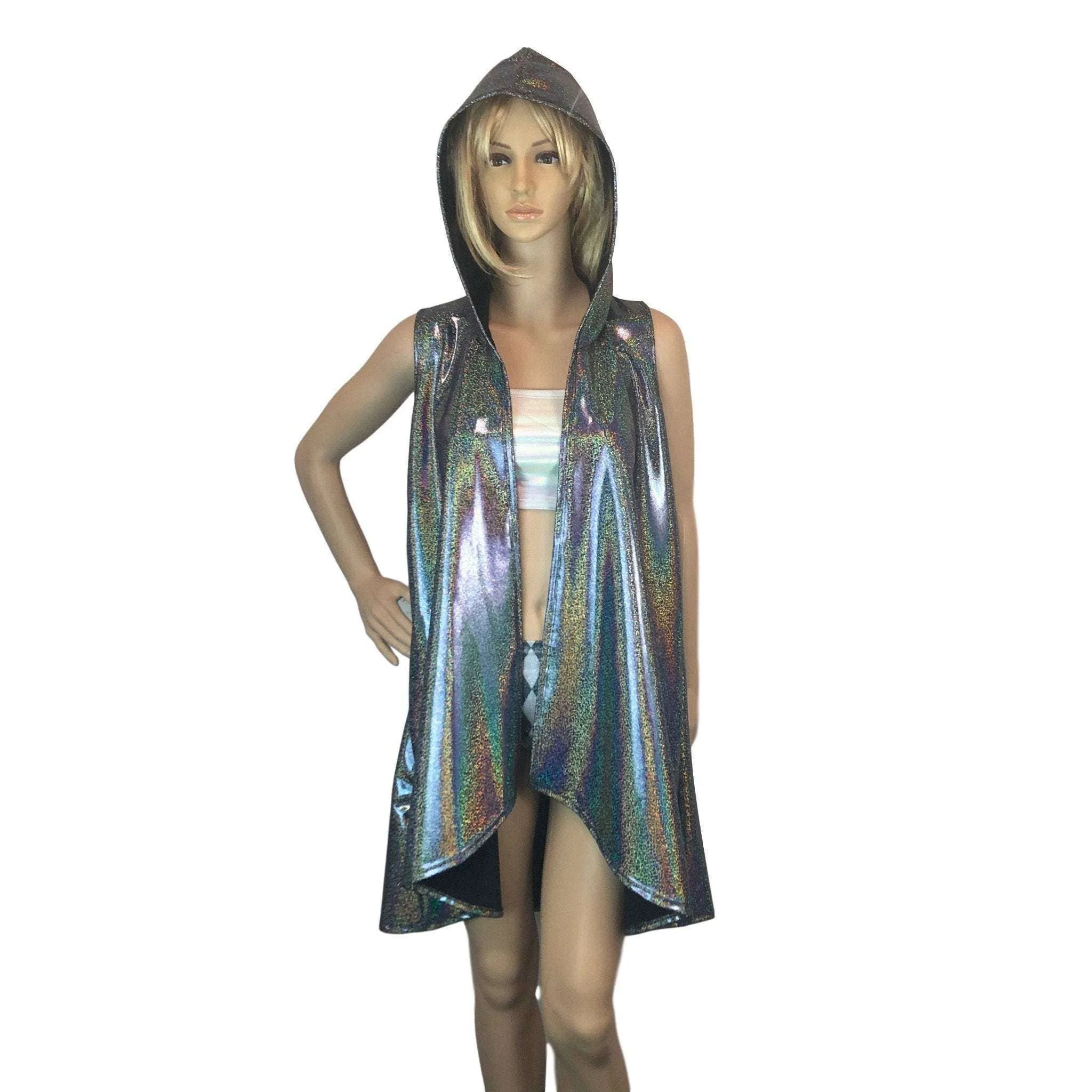 Hooded Sleeveless Rave Kimono Robe - Gleaming Silver Holographic
