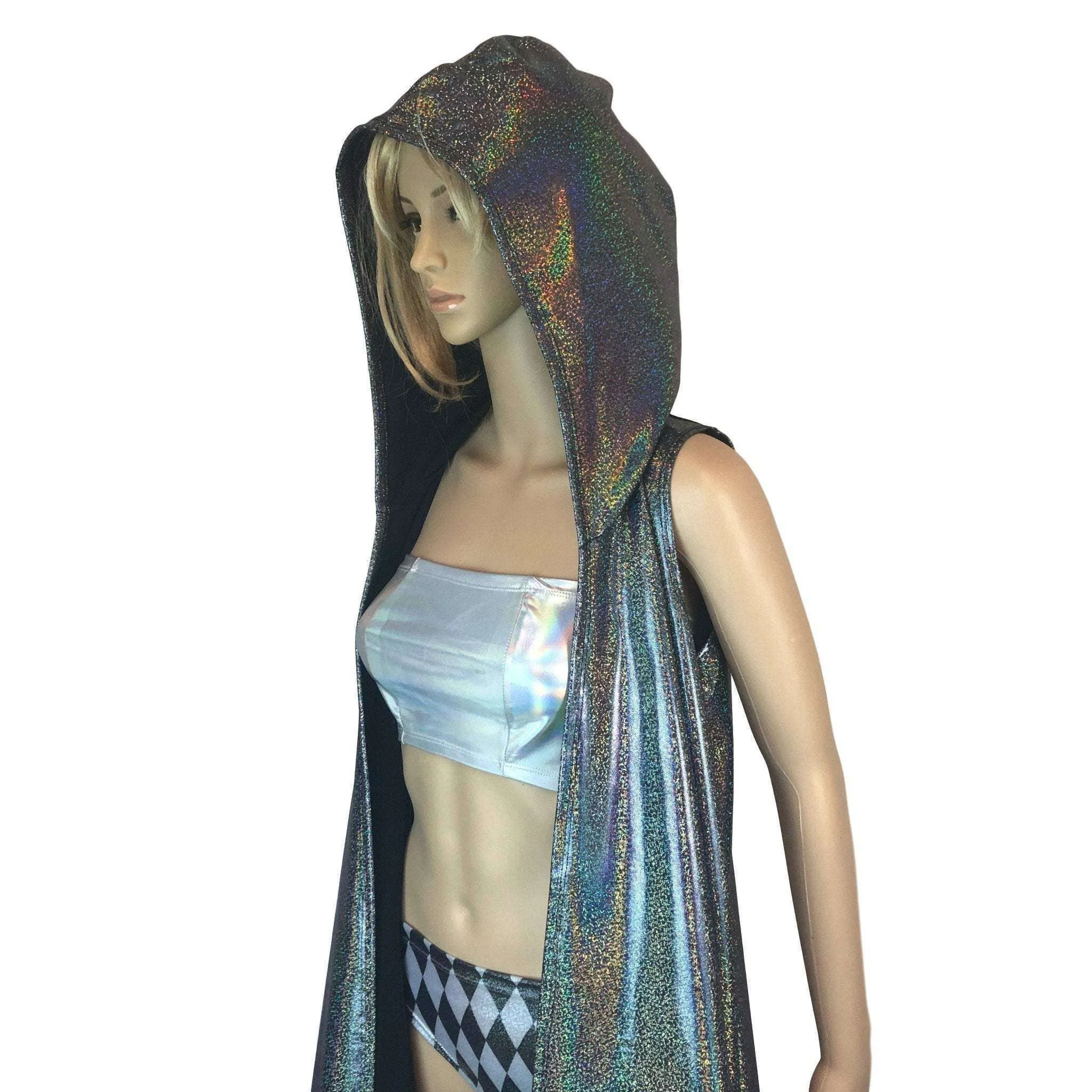 Hooded Sleeveless Rave Kimono Robe - Gleaming Silver Holographic
