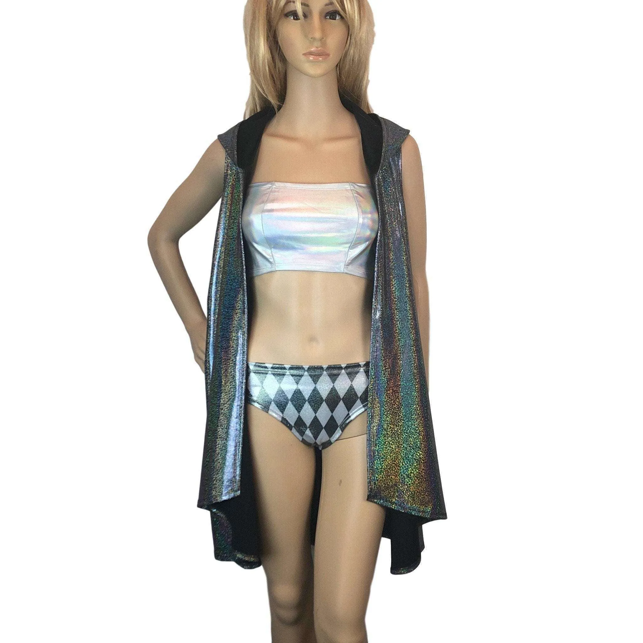 Hooded Sleeveless Rave Kimono Robe - Gleaming Silver Holographic