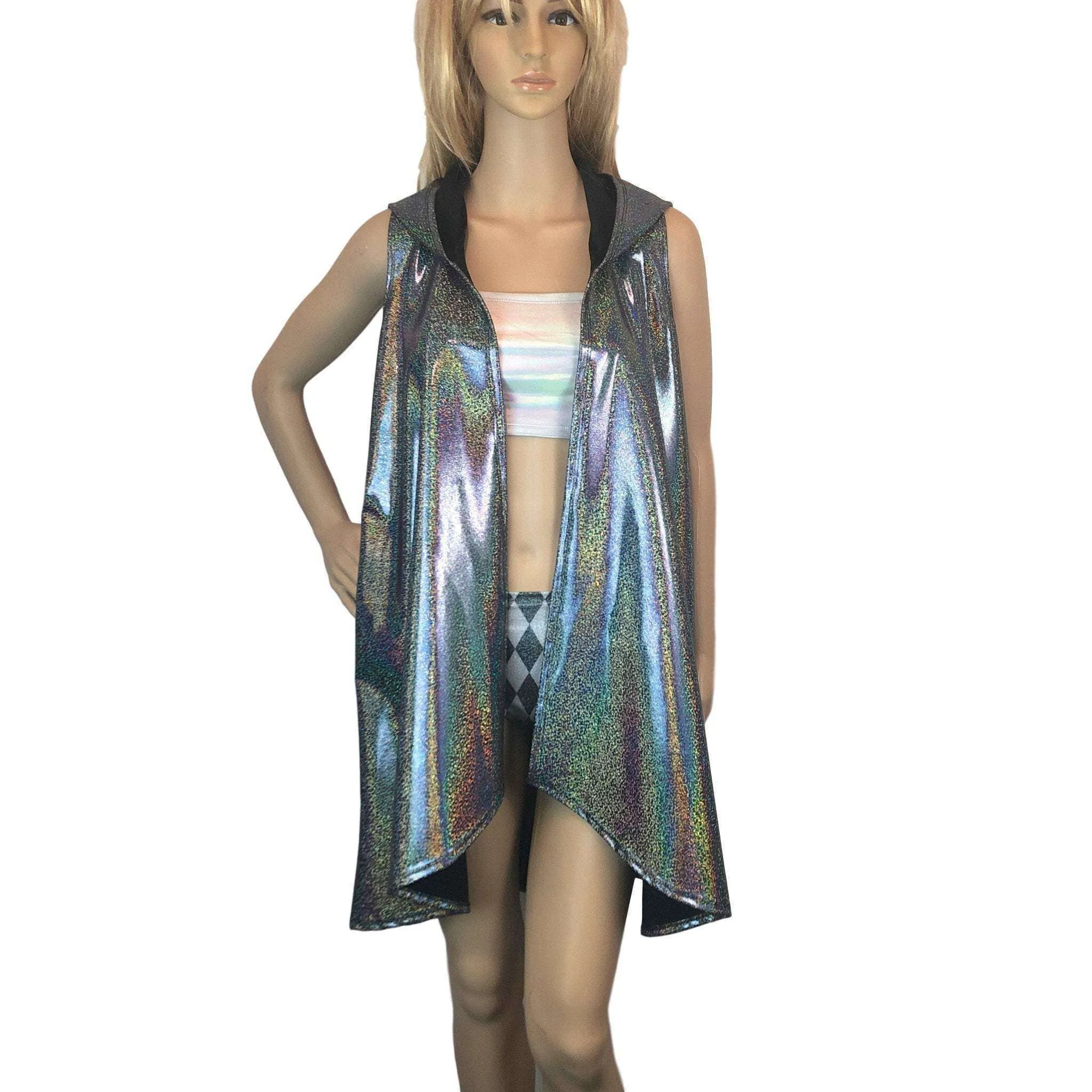 Hooded Sleeveless Rave Kimono Robe - Gleaming Silver Holographic