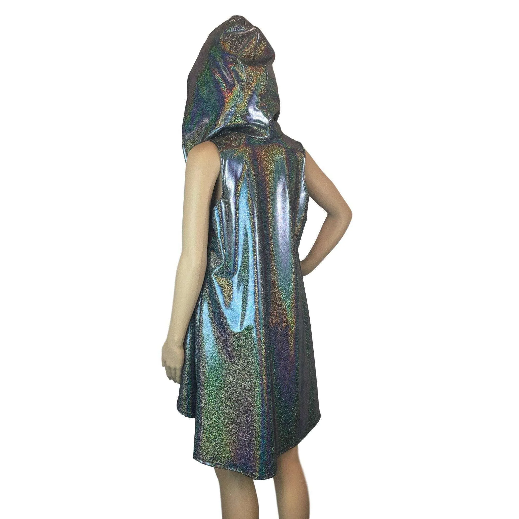 Hooded Sleeveless Rave Kimono Robe - Gleaming Silver Holographic