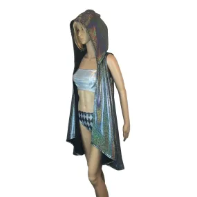 Hooded Sleeveless Rave Kimono Robe - Gleaming Silver Holographic
