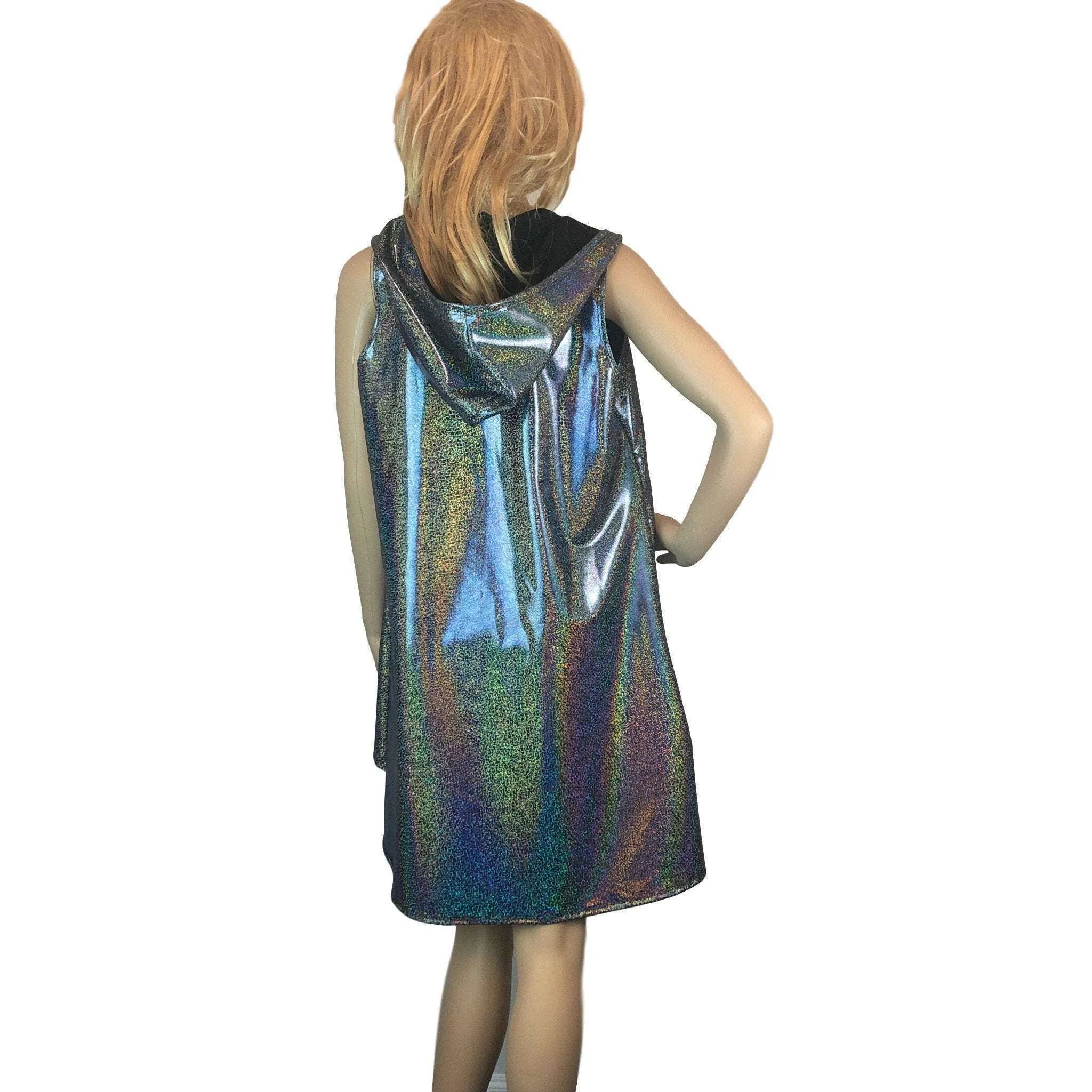 Hooded Sleeveless Rave Kimono Robe - Gleaming Silver Holographic
