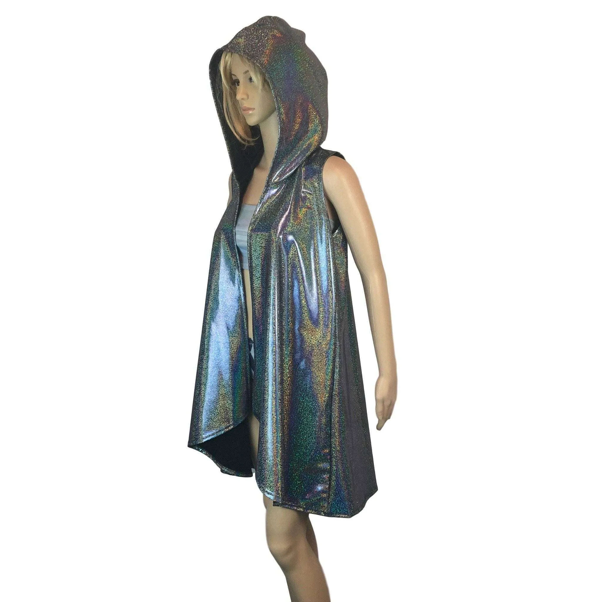 Hooded Sleeveless Rave Kimono Robe - Gleaming Silver Holographic