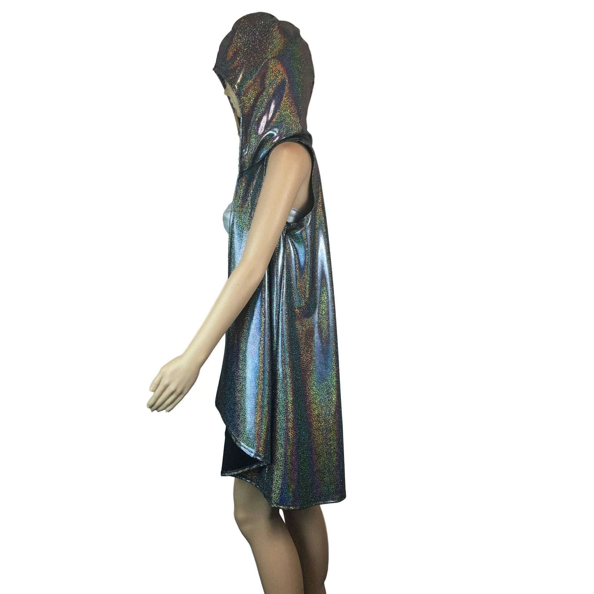 Hooded Sleeveless Rave Kimono Robe - Gleaming Silver Holographic