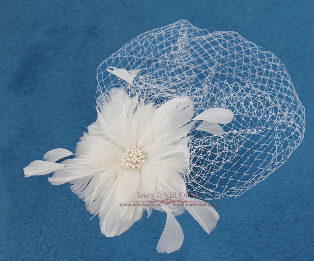Ivory Bird Cage Veil with Feather Flower VG1032
