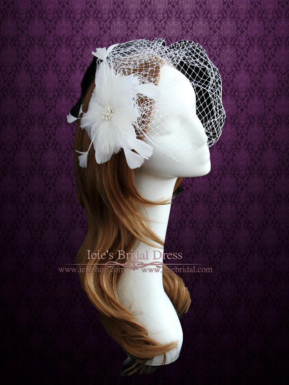 Ivory Bird Cage Veil with Feather Flower VG1032
