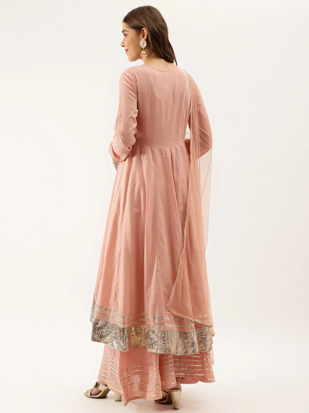Jashvi Peach Solid Cotton Gota Work Kurta set with Dupatta
