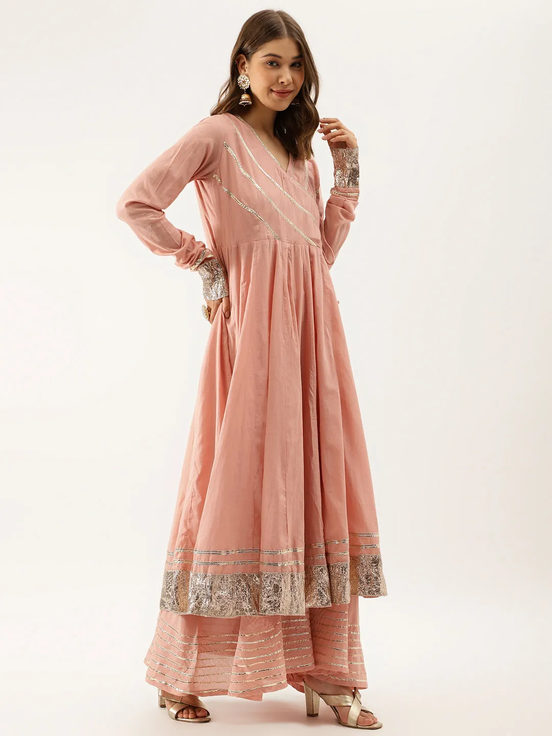 Jashvi Peach Solid Cotton Gota Work Kurta set with Dupatta