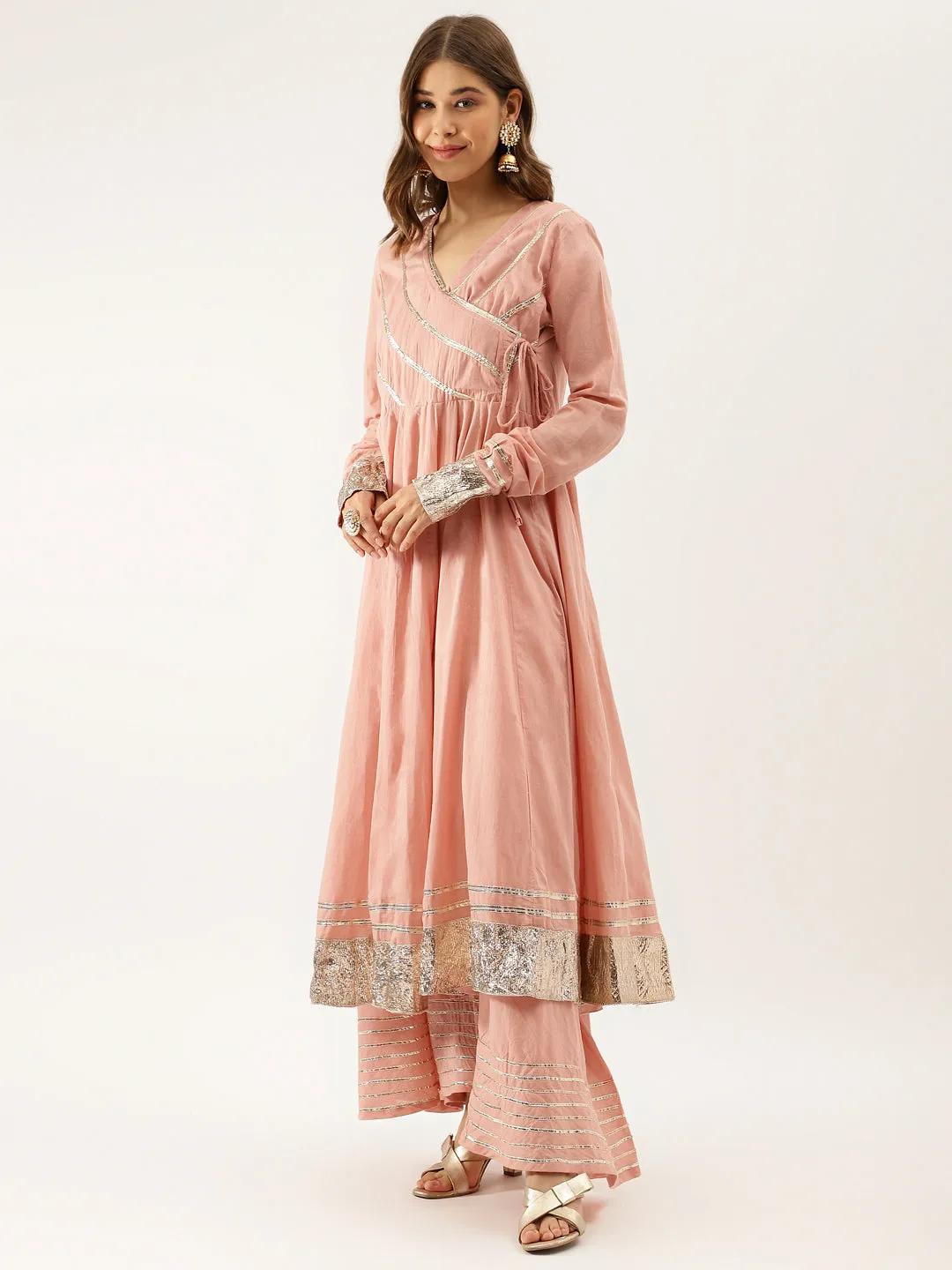 Jashvi Peach Solid Cotton Gota Work Kurta set with Dupatta
