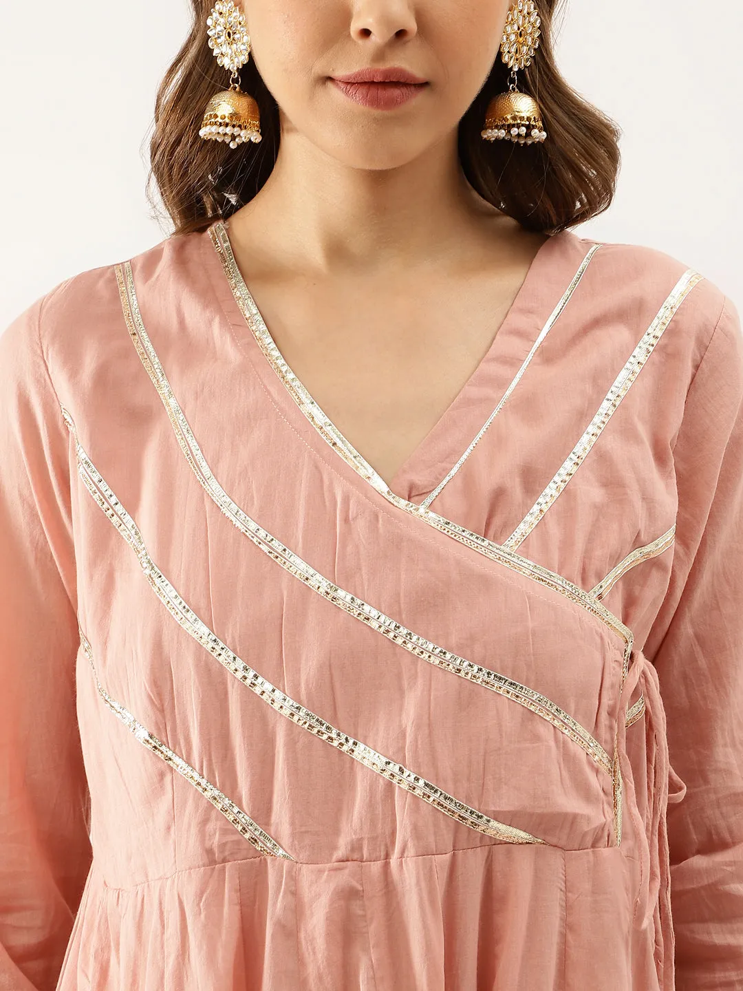 Jashvi Peach Solid Cotton Gota Work Kurta set with Dupatta