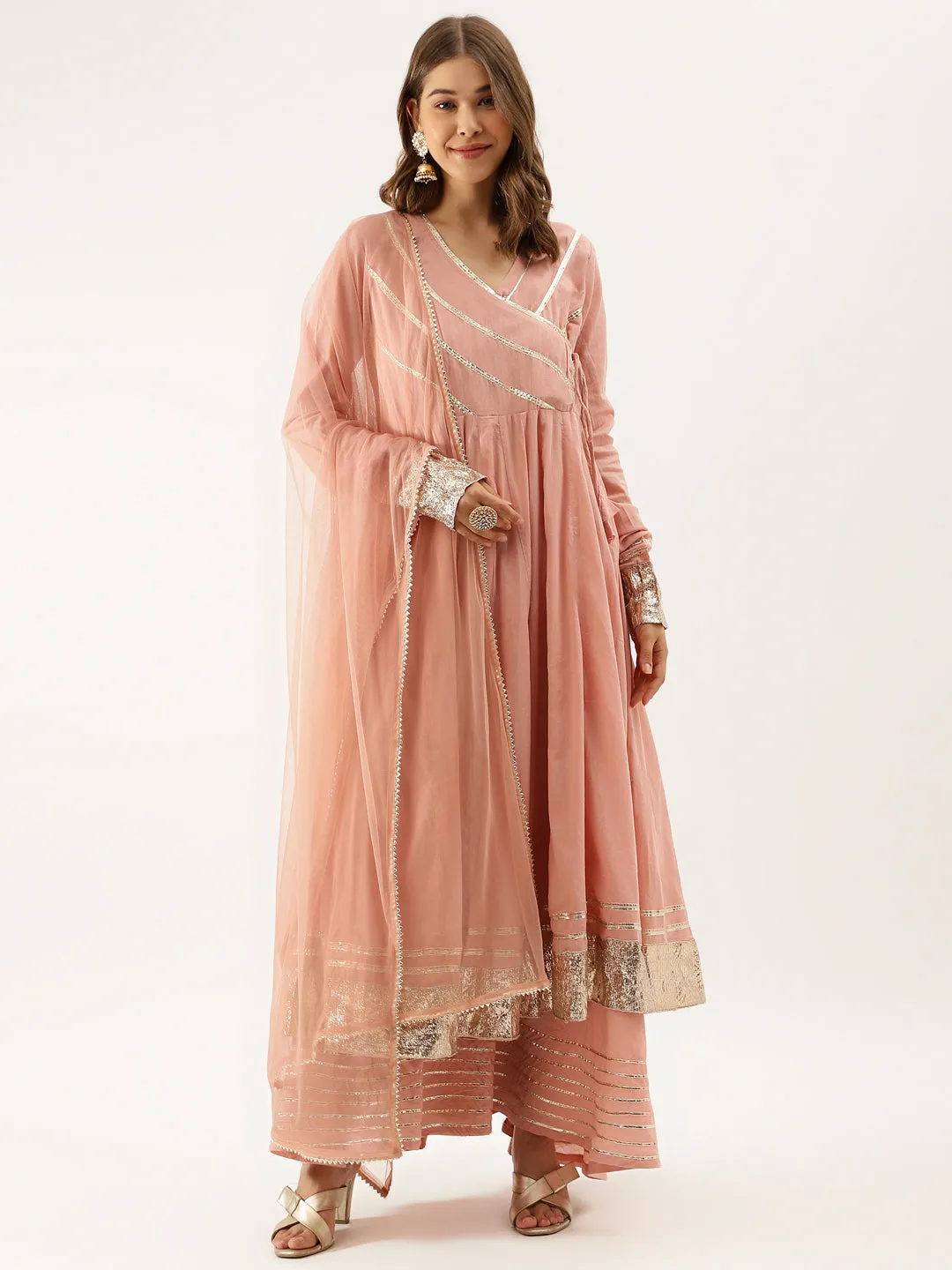 Jashvi Peach Solid Cotton Gota Work Kurta set with Dupatta