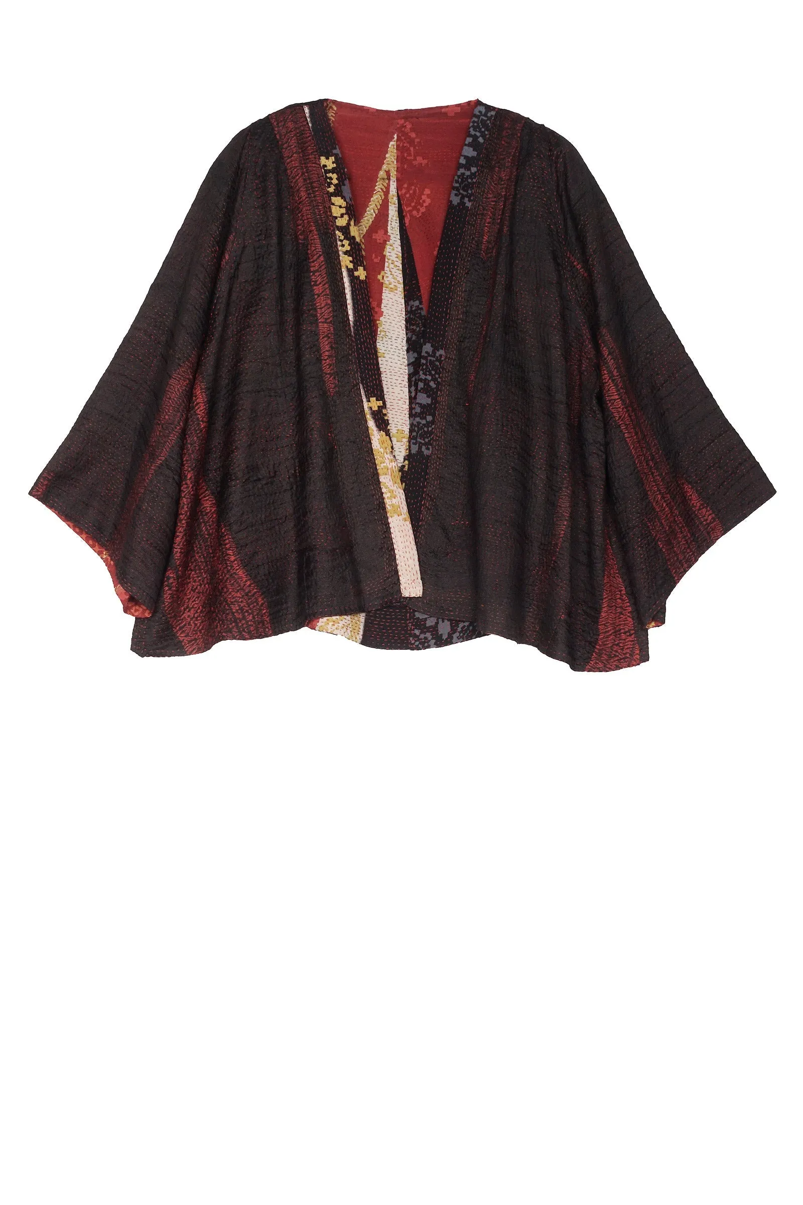 KIMONO PRINT KANTHA BELL SHAPE JKT - kp2048-red -