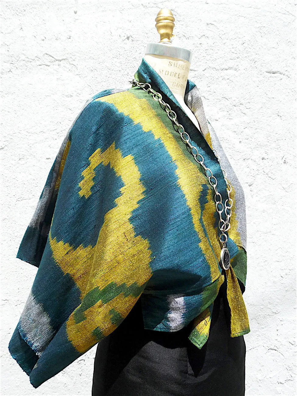 Kimono Style Short Jacket Silk Ikat Blue Green
