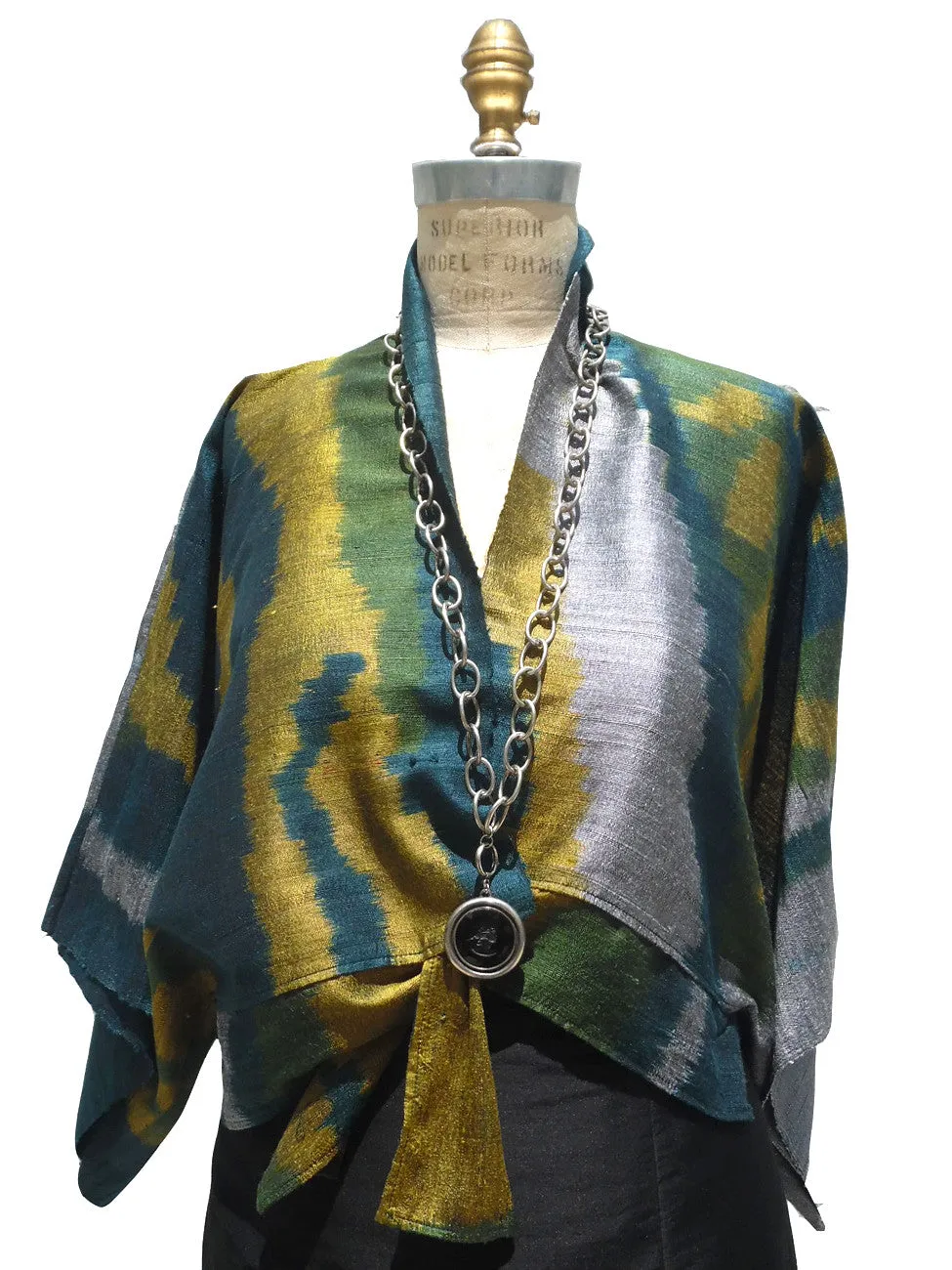 Kimono Style Short Jacket Silk Ikat Blue Green