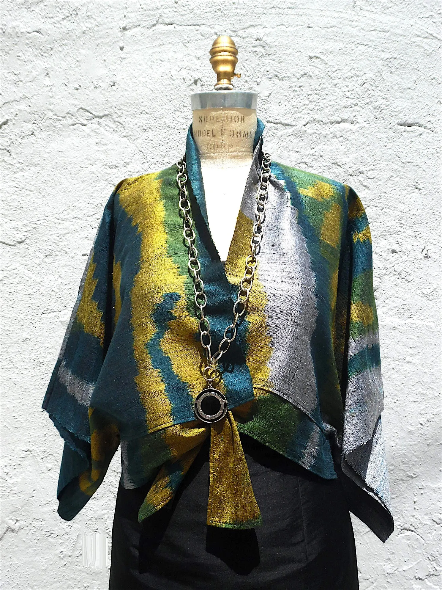 Kimono Style Short Jacket Silk Ikat Blue Green