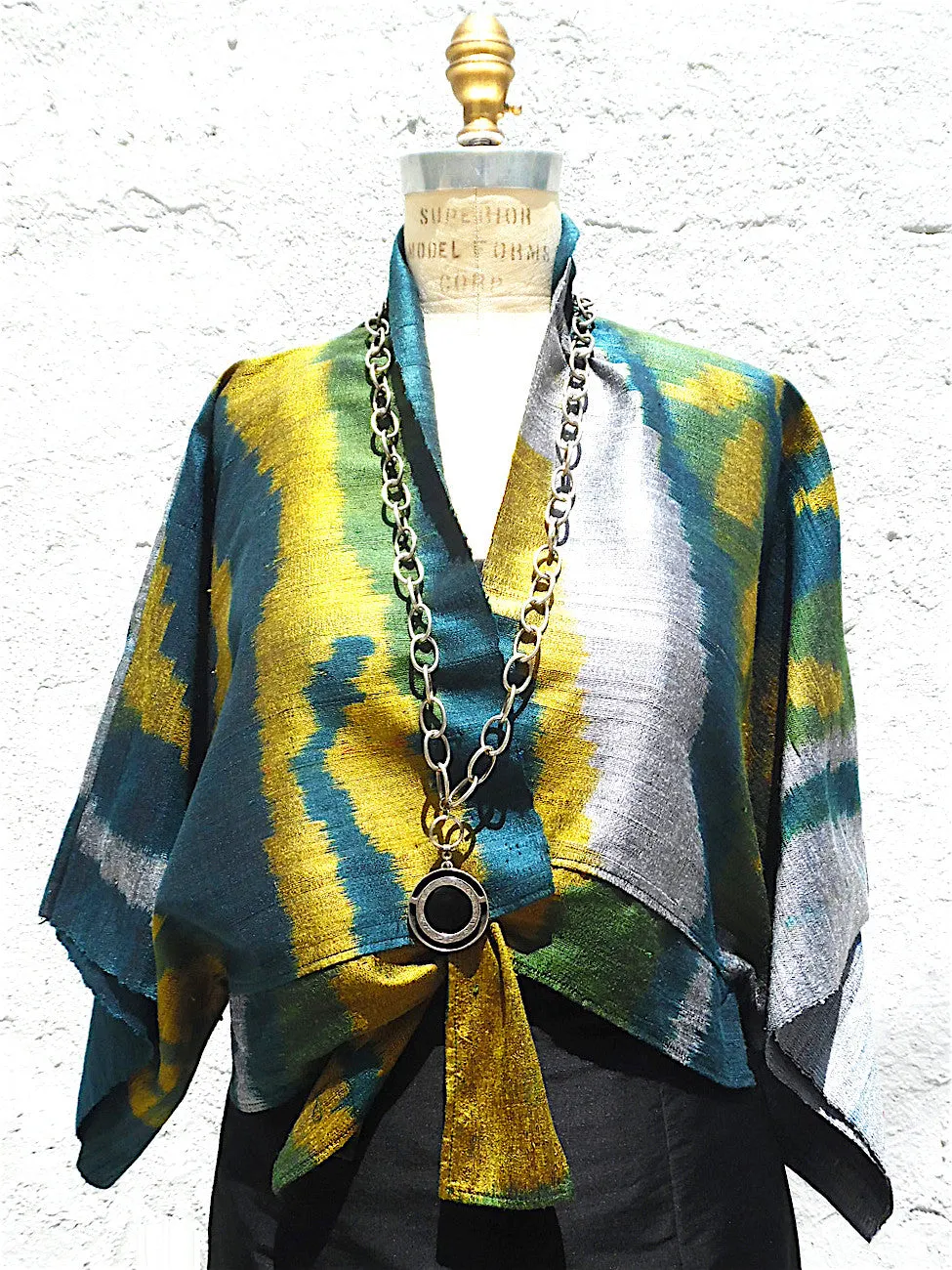 Kimono Style Short Jacket Silk Ikat Blue Green