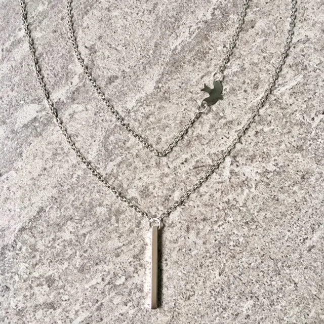 LAYERED SILVER PLATED DELICATE BIRD CHAIN NECKLACE