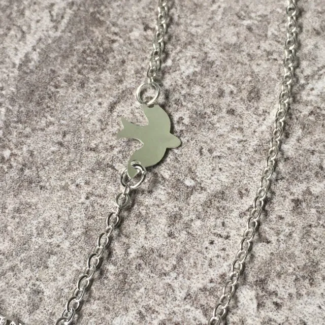 LAYERED SILVER PLATED DELICATE BIRD CHAIN NECKLACE