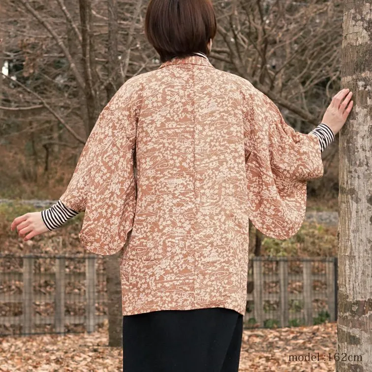 Light brown haori with white flowerplants pattern