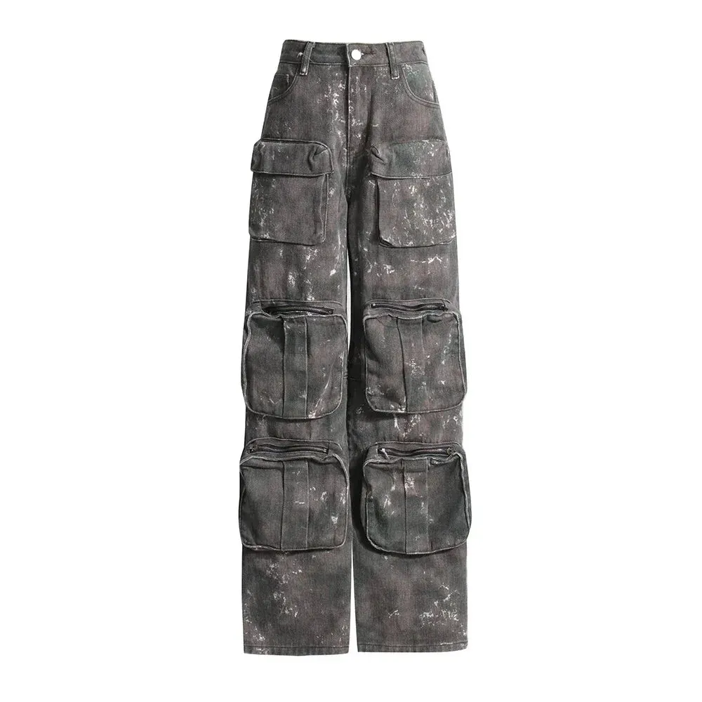 LVSANW Camouflage Patchwork Pockets Denim Cargo Pants for Women High Waist Minimalist Loose Wide Leg Jeans Female Fashion Style
