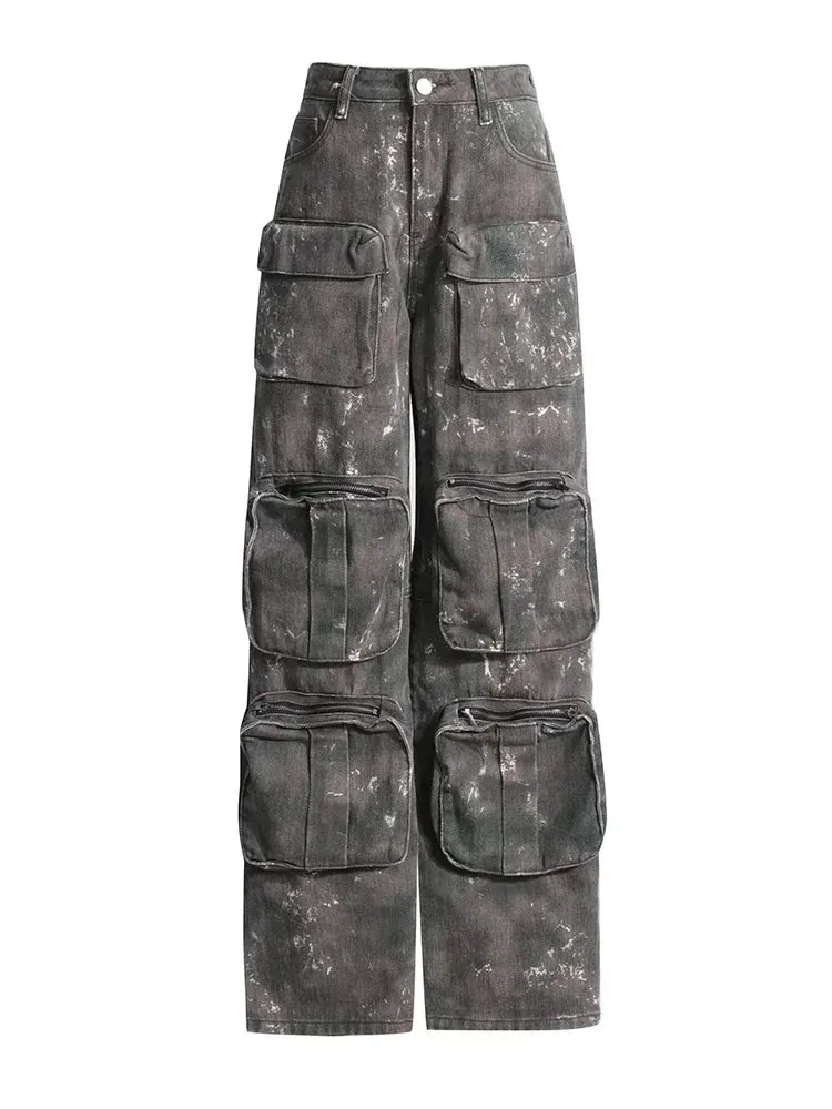 LVSANW Camouflage Patchwork Pockets Denim Cargo Pants for Women High Waist Minimalist Loose Wide Leg Jeans Female Fashion Style