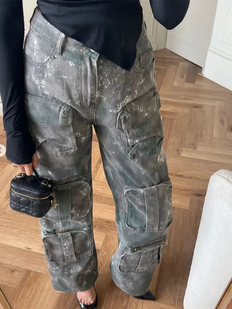 LVSANW Camouflage Patchwork Pockets Denim Cargo Pants for Women High Waist Minimalist Loose Wide Leg Jeans Female Fashion Style
