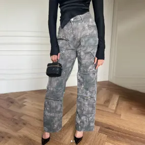 LVSANW Camouflage Patchwork Pockets Denim Cargo Pants for Women High Waist Minimalist Loose Wide Leg Jeans Female Fashion Style