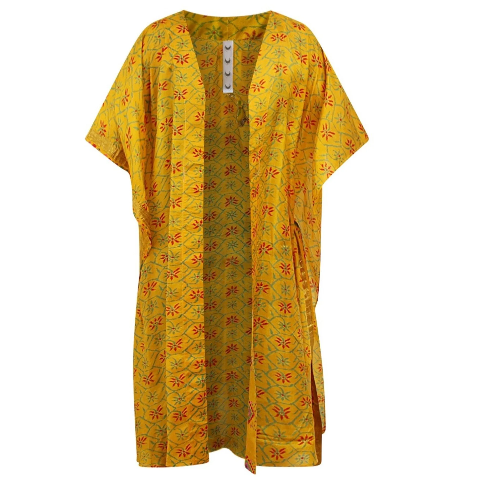 Neem - Vintage Silk Sari Tumeric Geo Print Kimono Style Wrap Dress