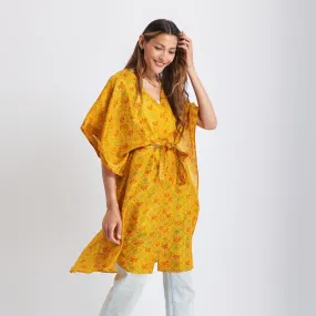 Neem - Vintage Silk Sari Tumeric Geo Print Kimono Style Wrap Dress