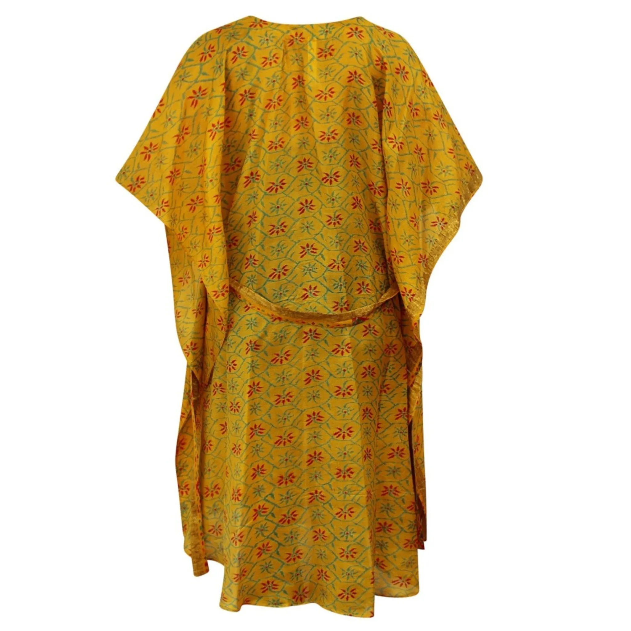 Neem - Vintage Silk Sari Tumeric Geo Print Kimono Style Wrap Dress