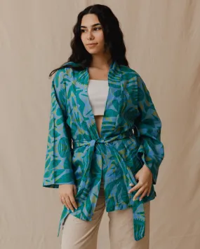 Palm Leaves Linen Kimono Green X Blue