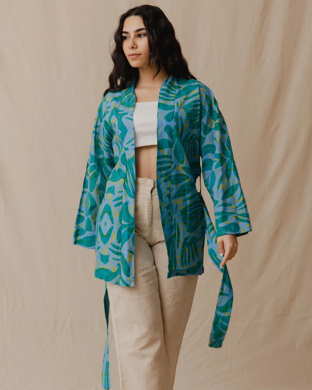 Palm Leaves Linen Kimono Green X Blue