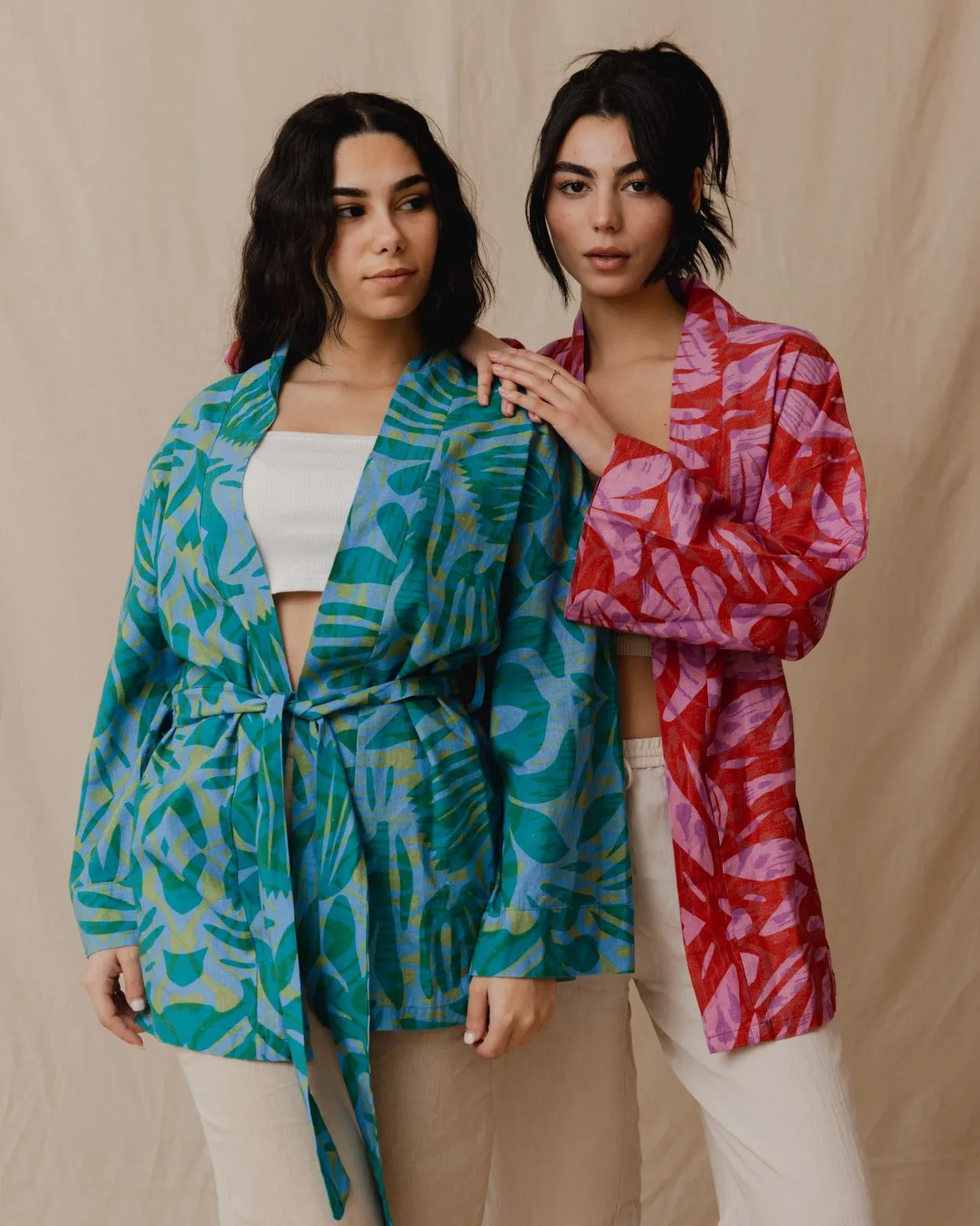 Palm Leaves Linen Kimono Green X Blue