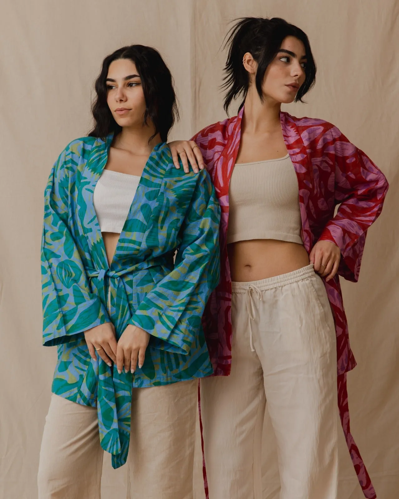 Palm Leaves Linen Kimono Green X Blue