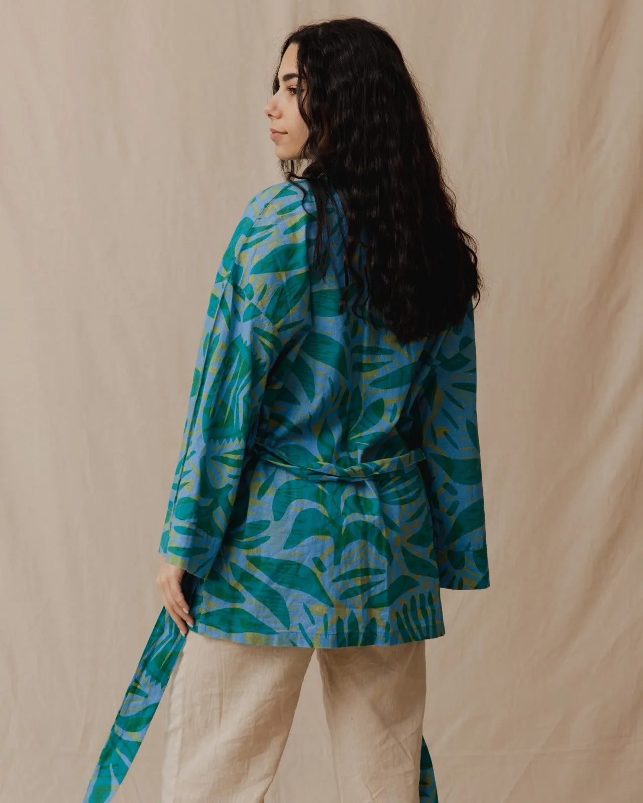 Palm Leaves Linen Kimono Green X Blue