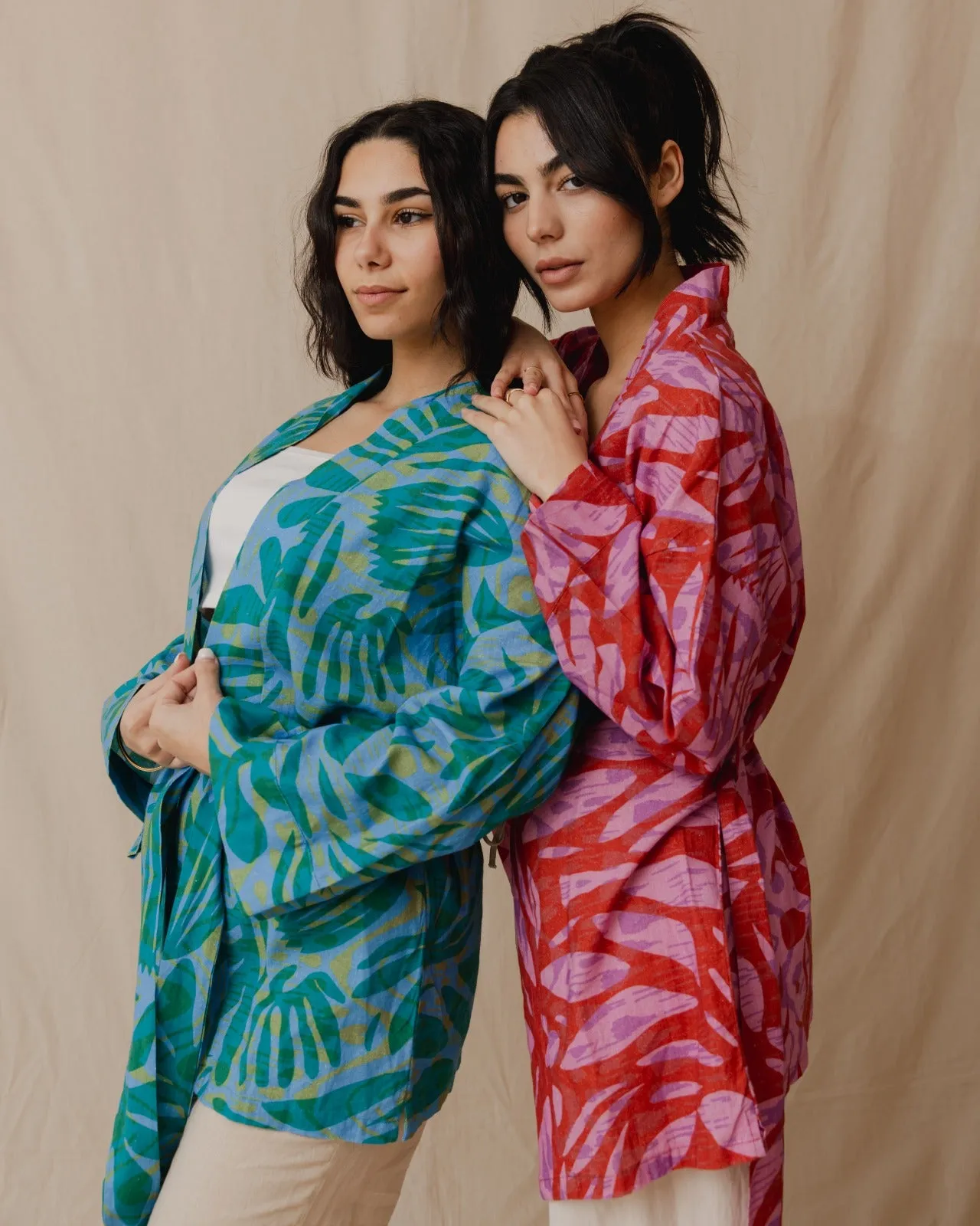 Palm Leaves Linen Kimono Green X Blue