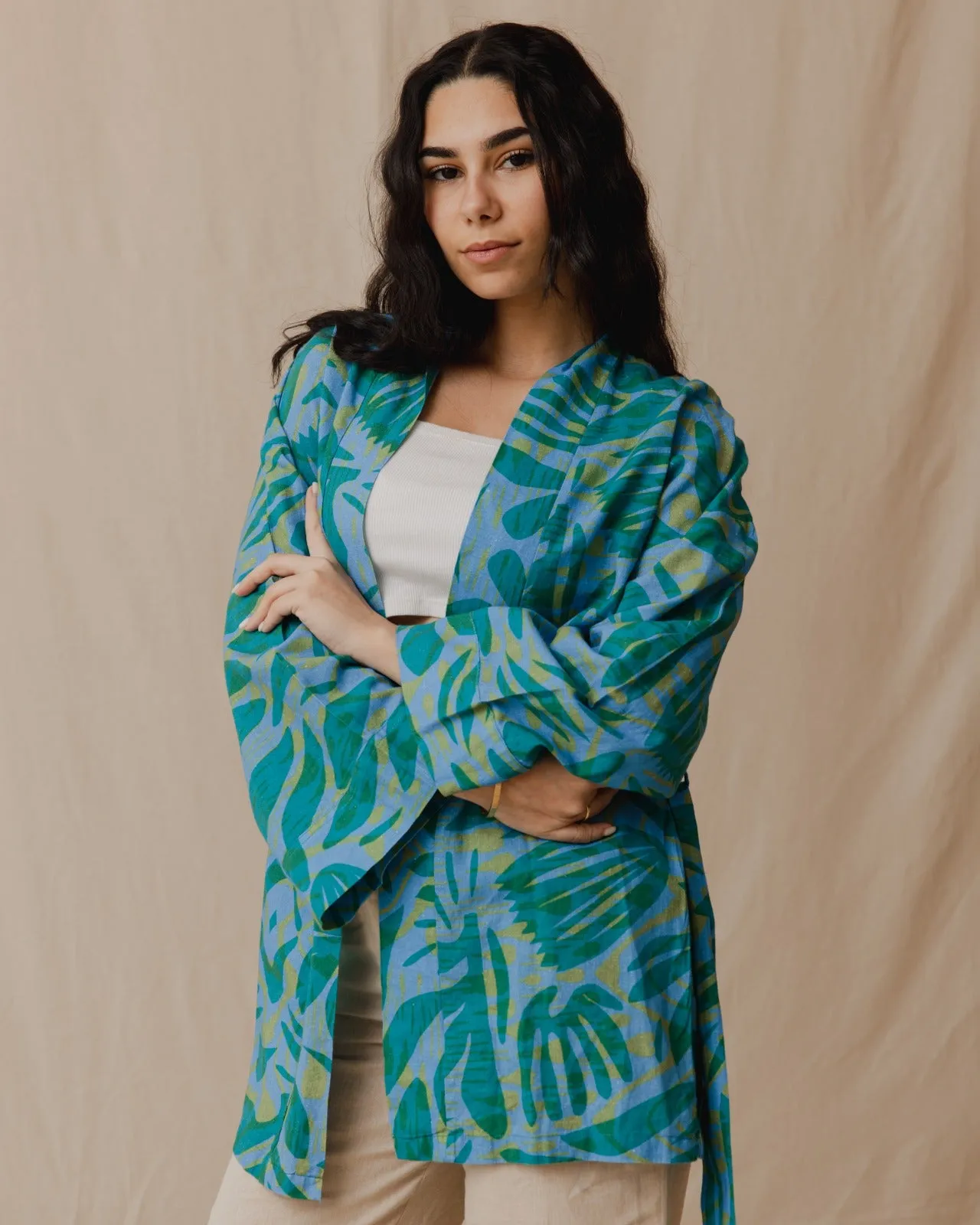 Palm Leaves Linen Kimono Green X Blue