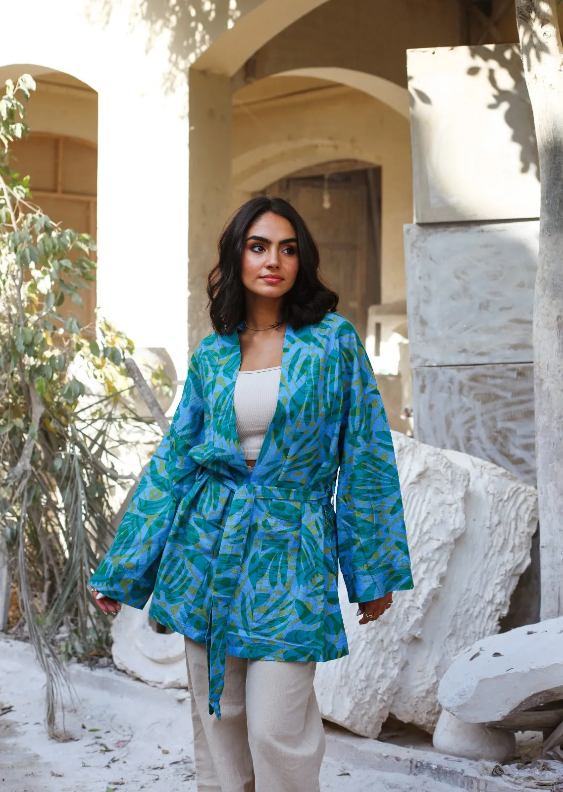 Palm Leaves Linen Kimono Green X Blue