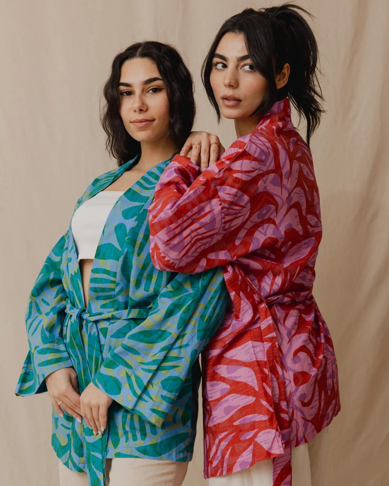 Palm Leaves Linen Kimono Green X Blue